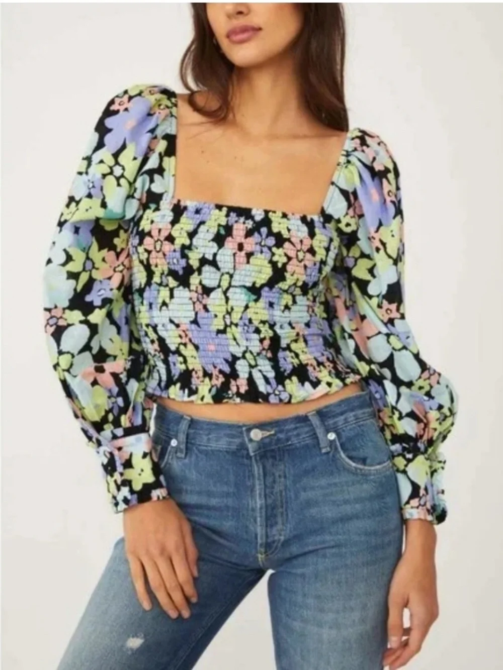 New Free People Black Floral Ariana Print Smocked Puff-Sleeve Crop Top Size XS